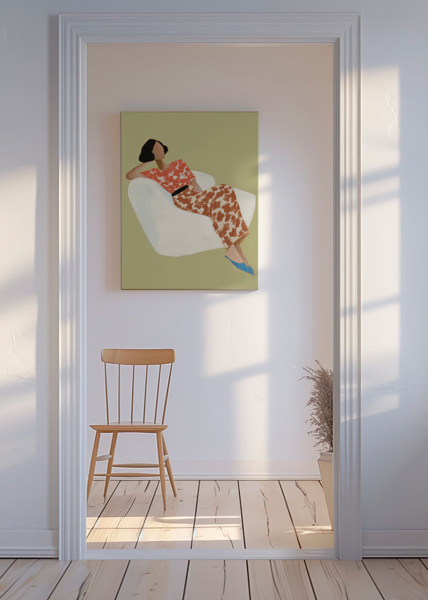 Ilustrace ležící postavy v bílém křesle – Canvas