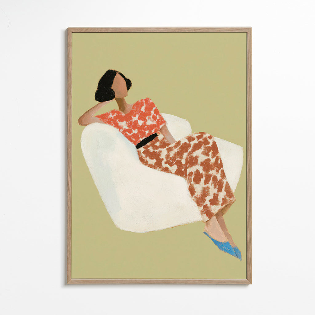 Ilustrace ležící postavy v bílém křesle – Oak Frame