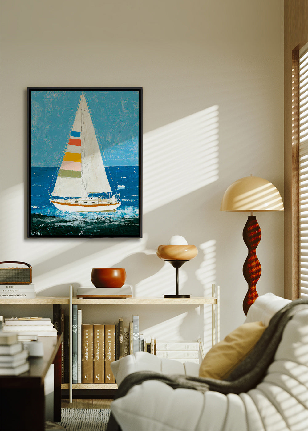 Ilustrace: jachta s barevnými plachtami – Canvas1