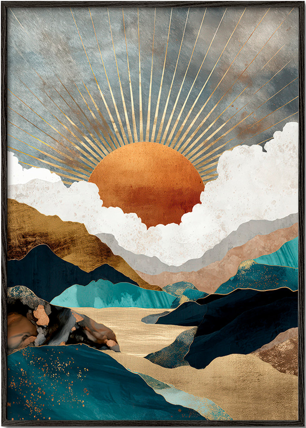 Krajinomalba: zlaté slunce nad abstraktními horami