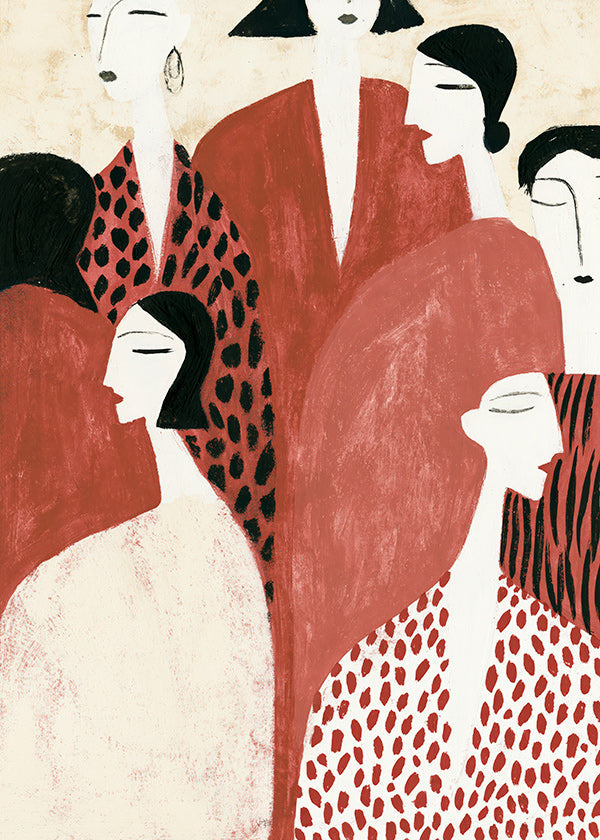 Ilustrace postav v terakotě s dekorativními vzory