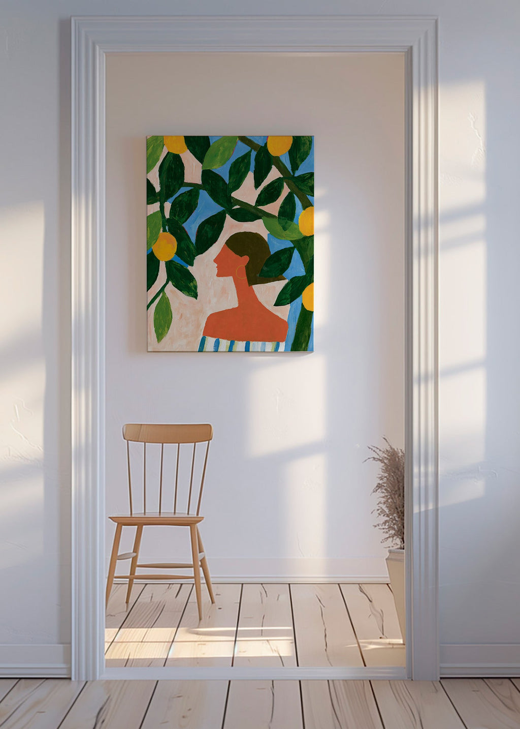 Botanický plakát: profil ženy mezi citroníky