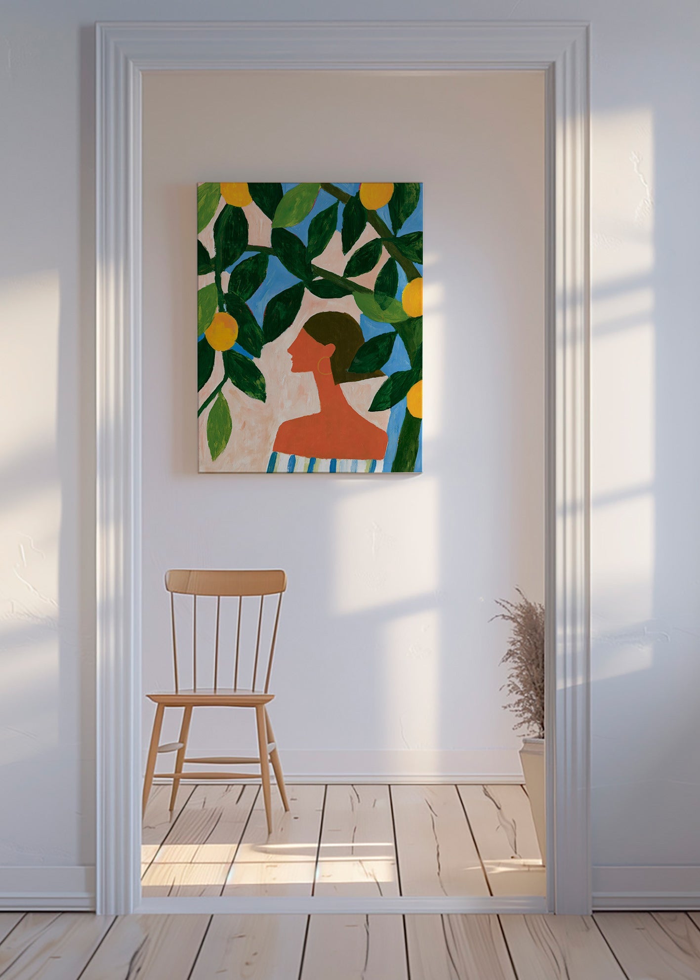 Botanický plakát: profil ženy mezi citroníky