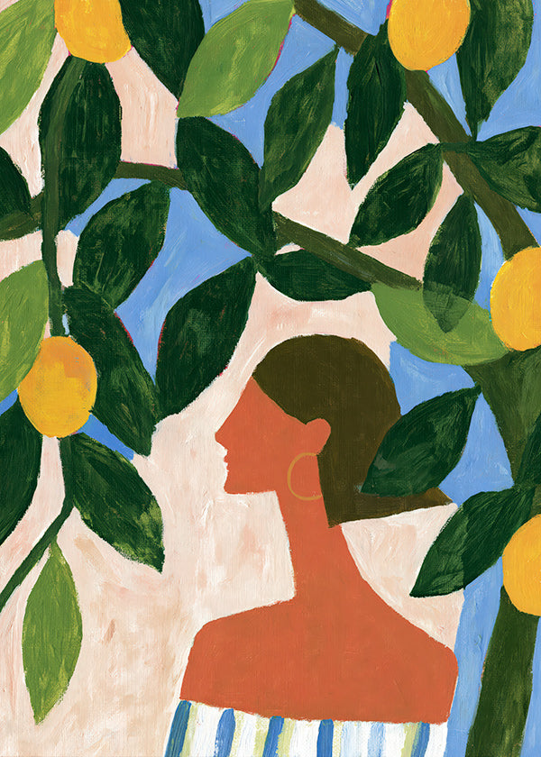 Botanický plakát: profil ženy mezi citroníky