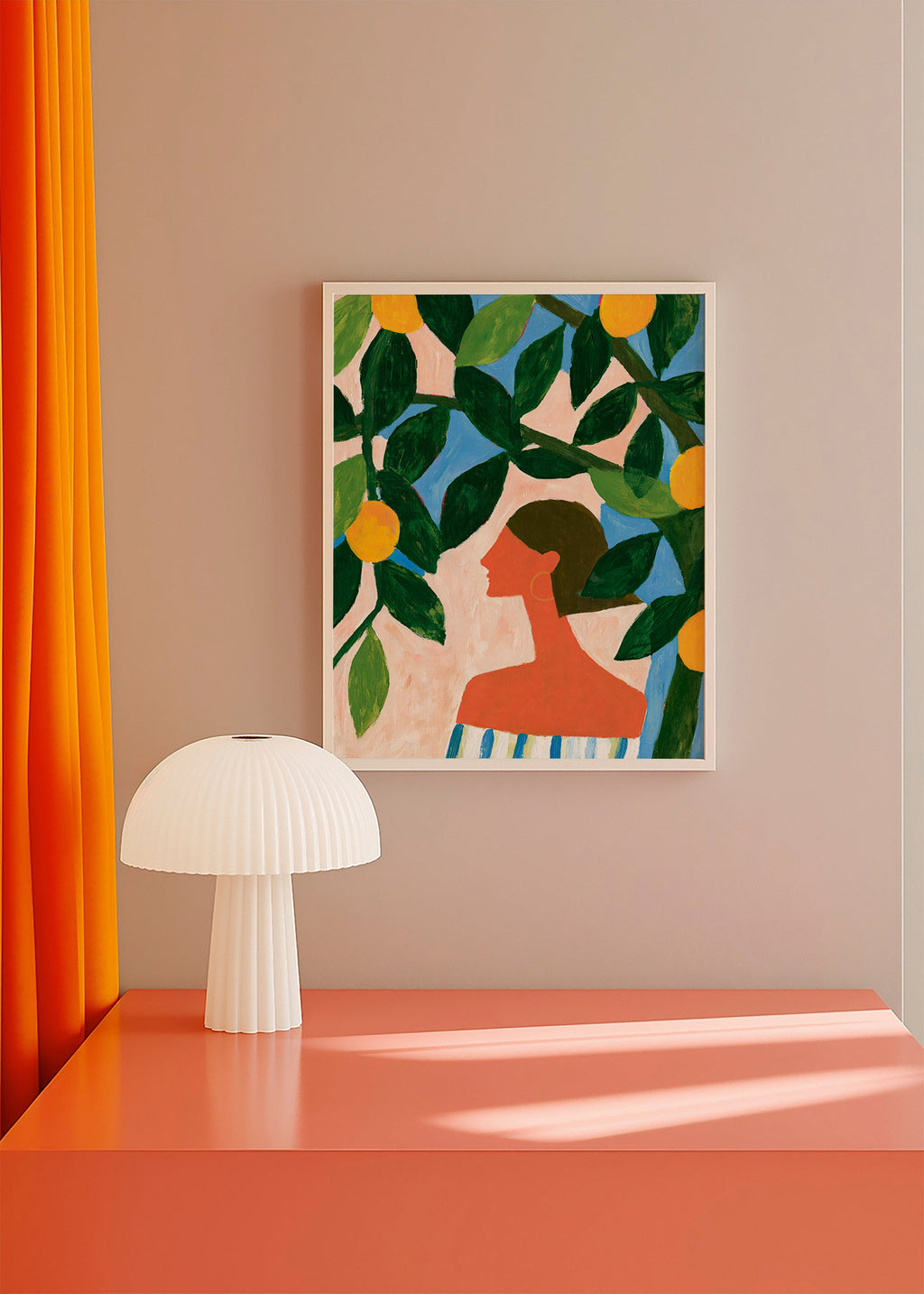 Botanický plakát: profil ženy mezi citroníky