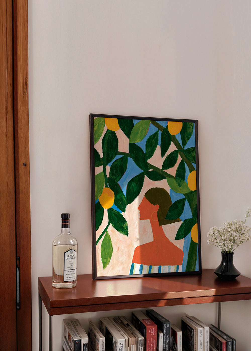 Botanický plakát: profil ženy mezi citroníky