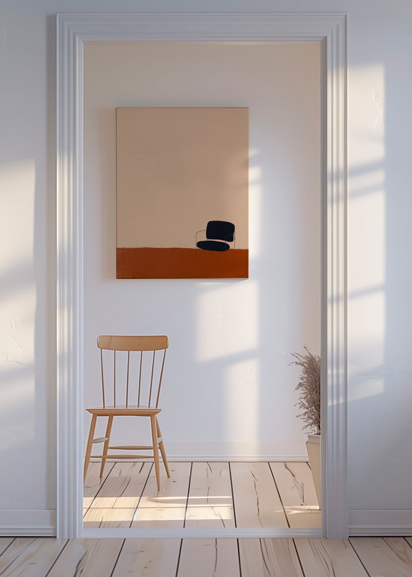 Minimalistický obraz se židlí na okrové podlaze