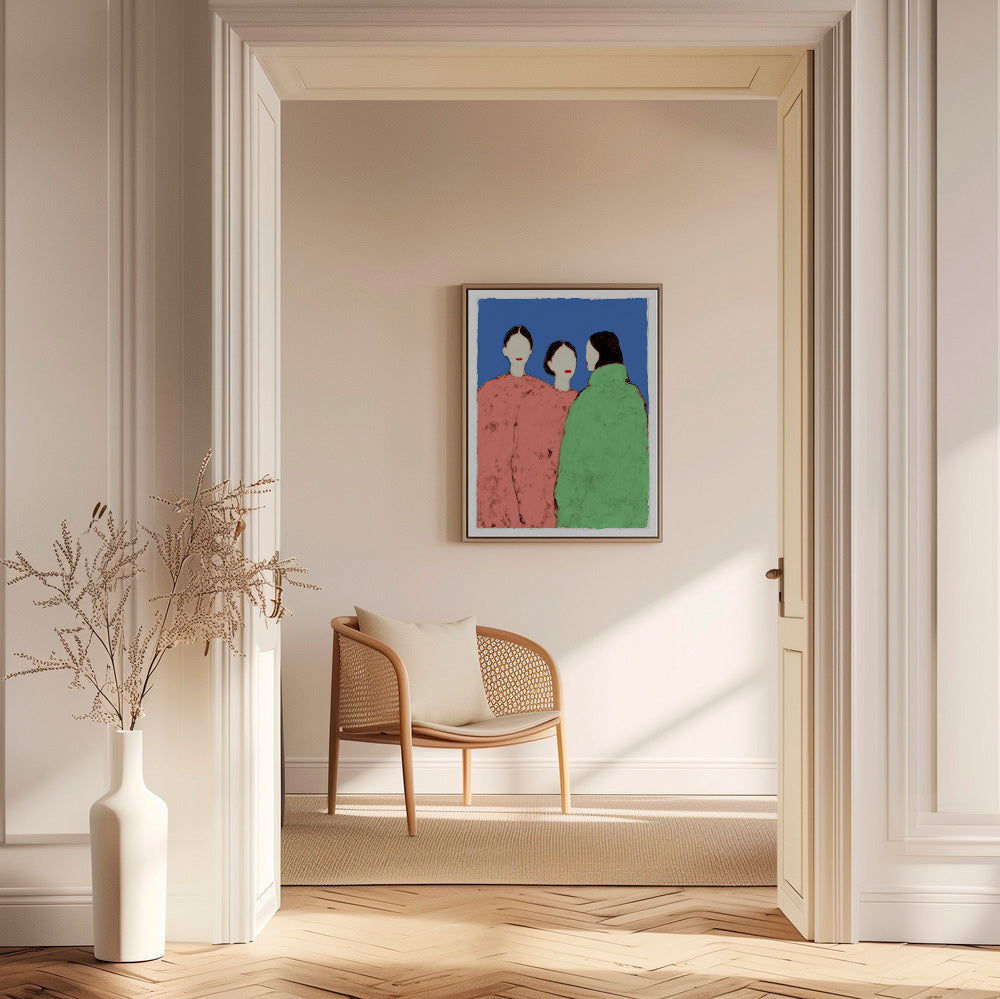 Ilustrace tří stylizovaných postav na modrém pozadí
