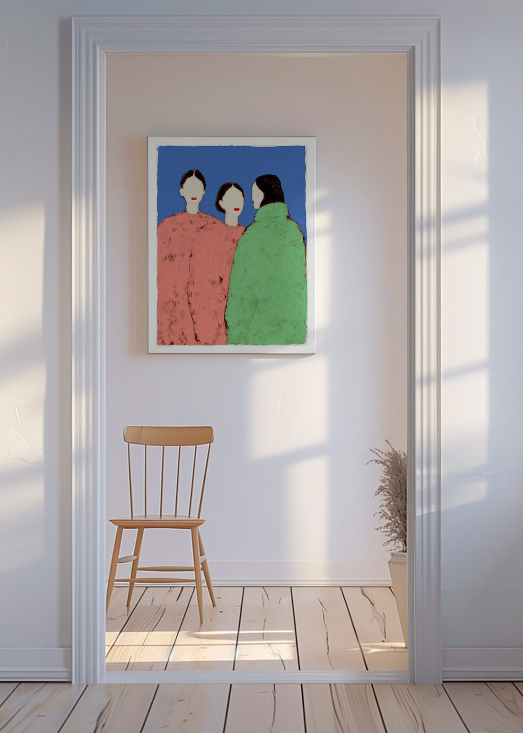 Ilustrace tří stylizovaných postav na modrém pozadí