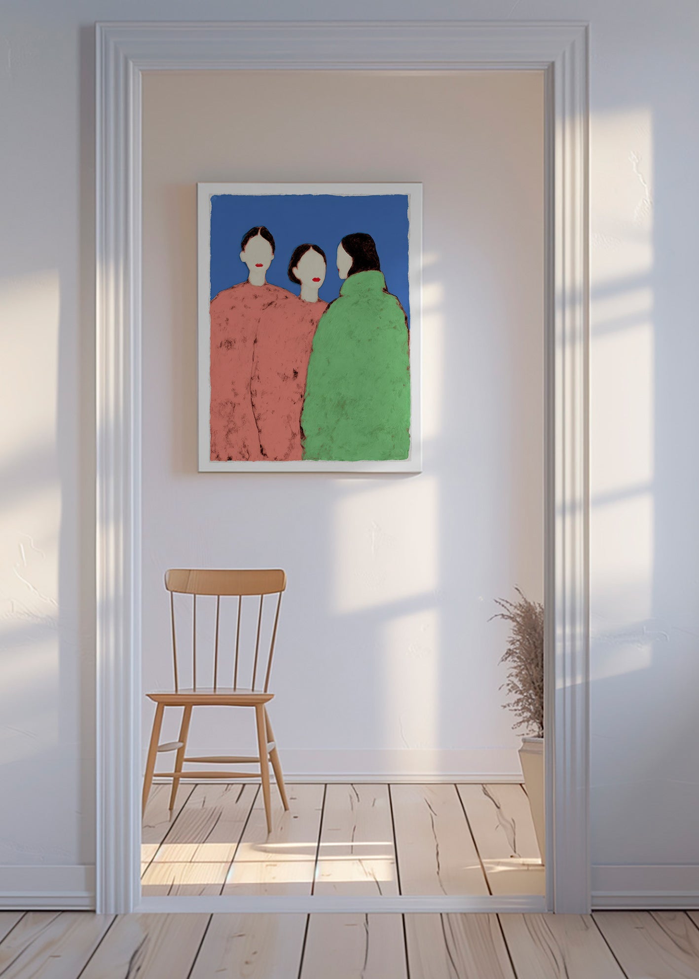 Ilustrace tří stylizovaných postav na modrém pozadí