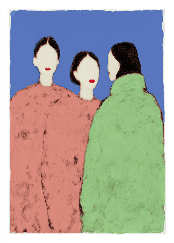 Ilustrace tří stylizovaných postav na modrém pozadí
