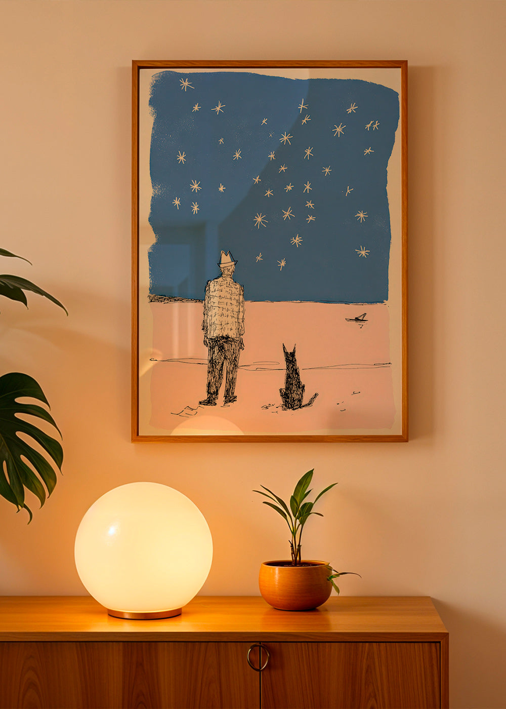 Ilustrace: muž a pes pod hvězdami