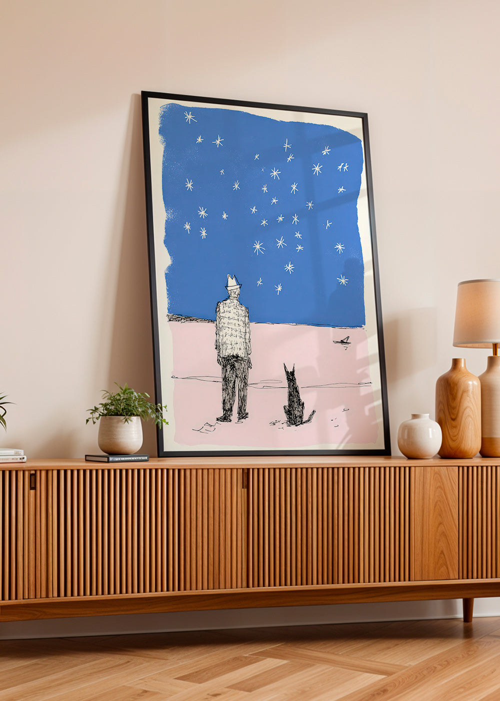 Ilustrace: muž a pes pod hvězdami