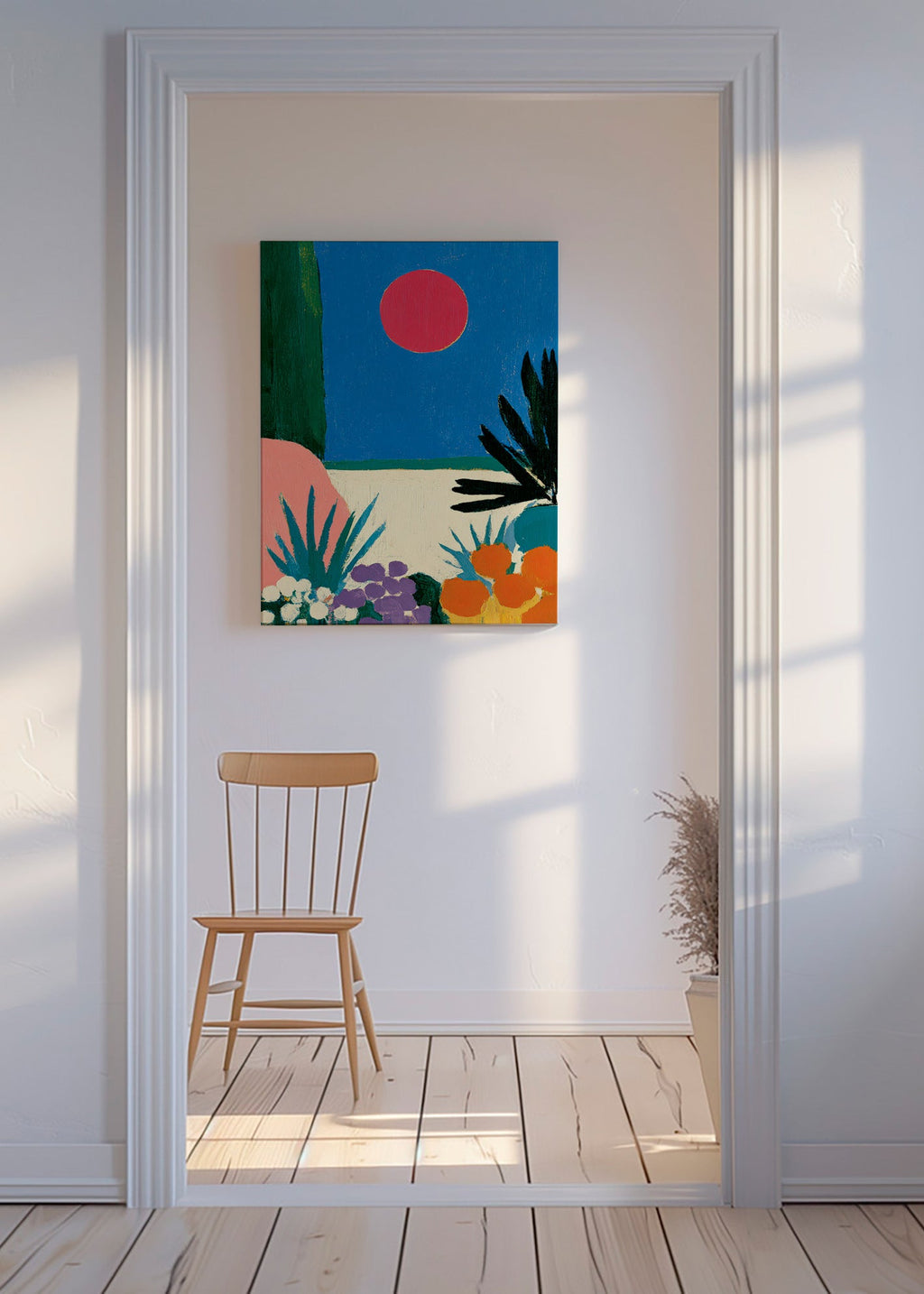 Botanický plakát s červeným měsícem a stylizovanou zahradou
