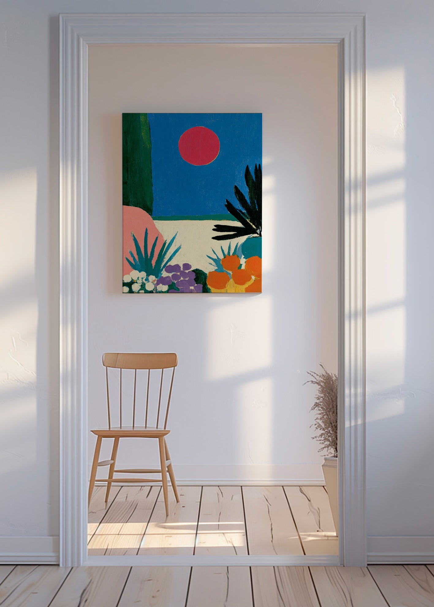 Botanický plakát s červeným měsícem a stylizovanou zahradou