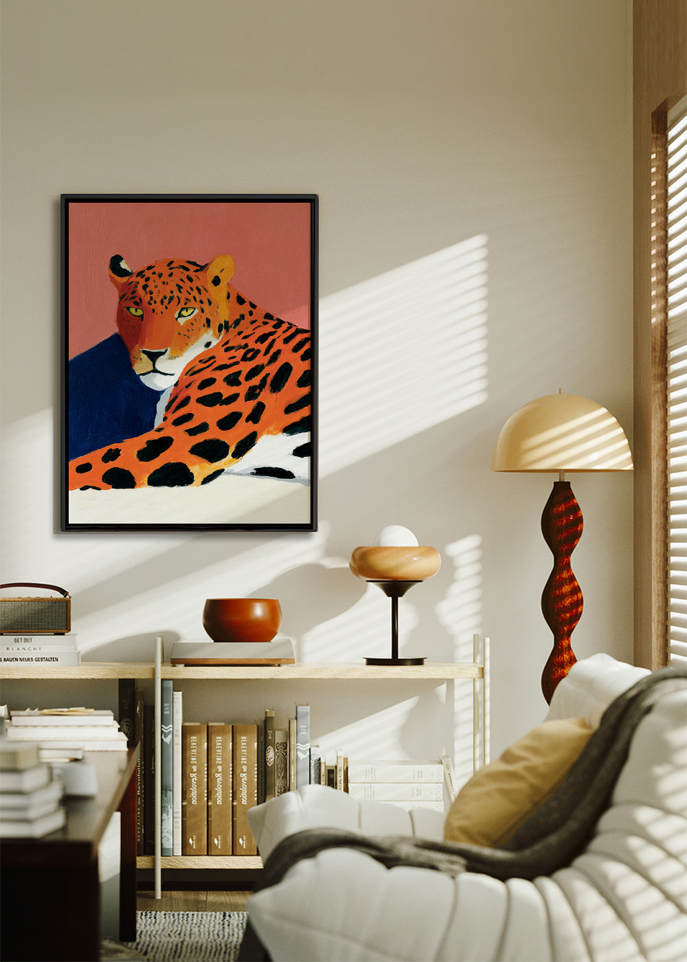 Obraz: Odpočívající leopard na růžovém pozadí