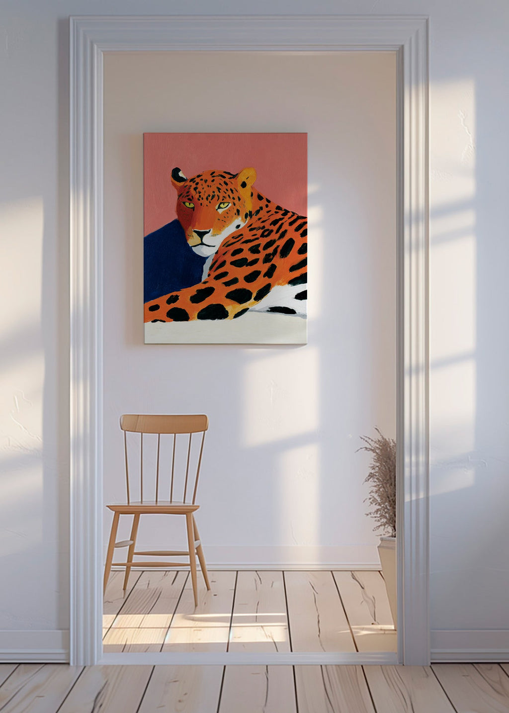 Obraz: Odpočívající leopard na růžovém pozadí