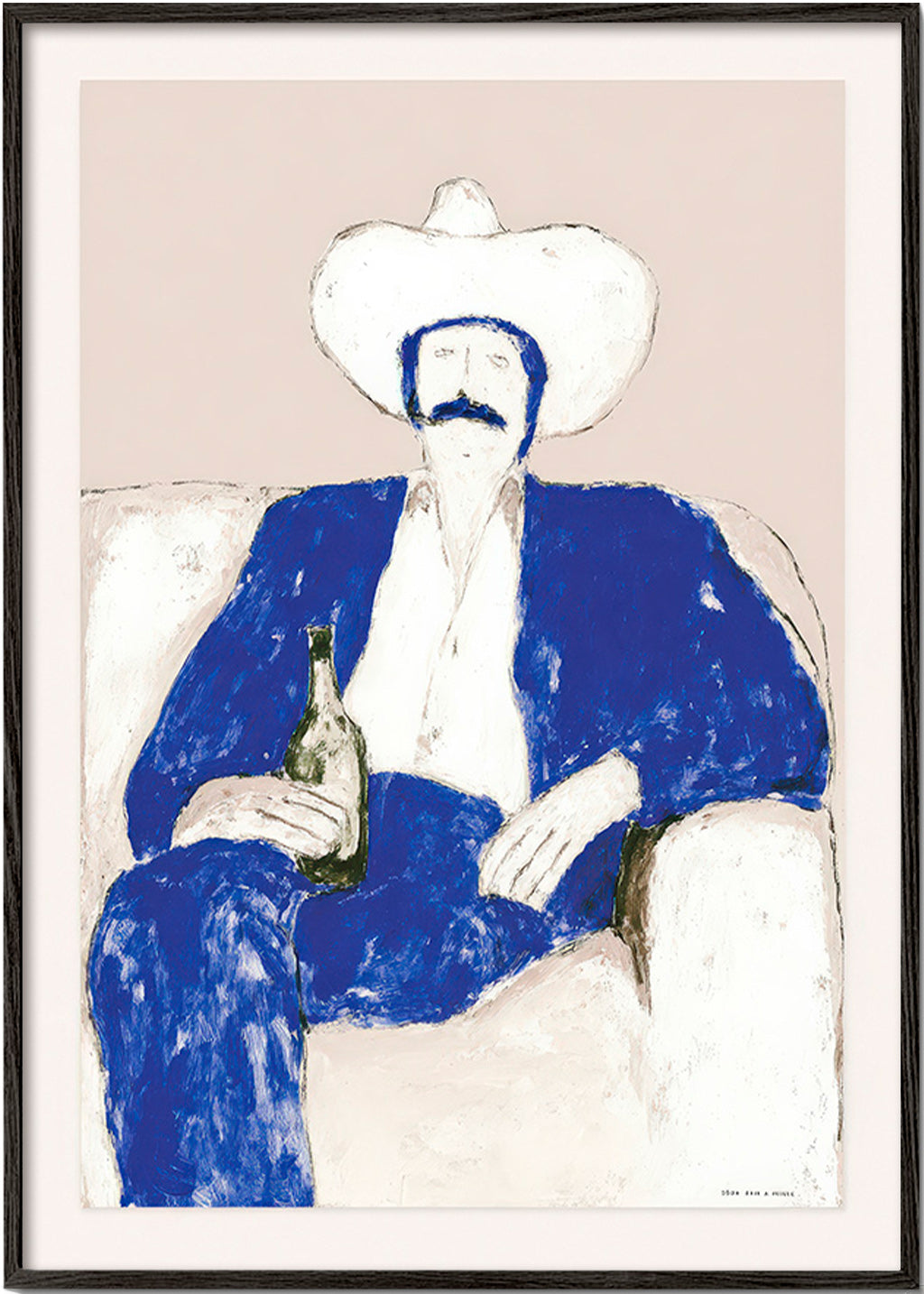 Ilustrace sedícího modrého kovboje