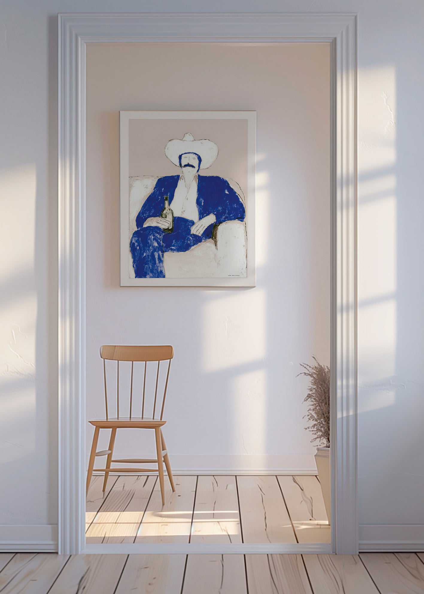 Ilustrace sedícího modrého kovboje
