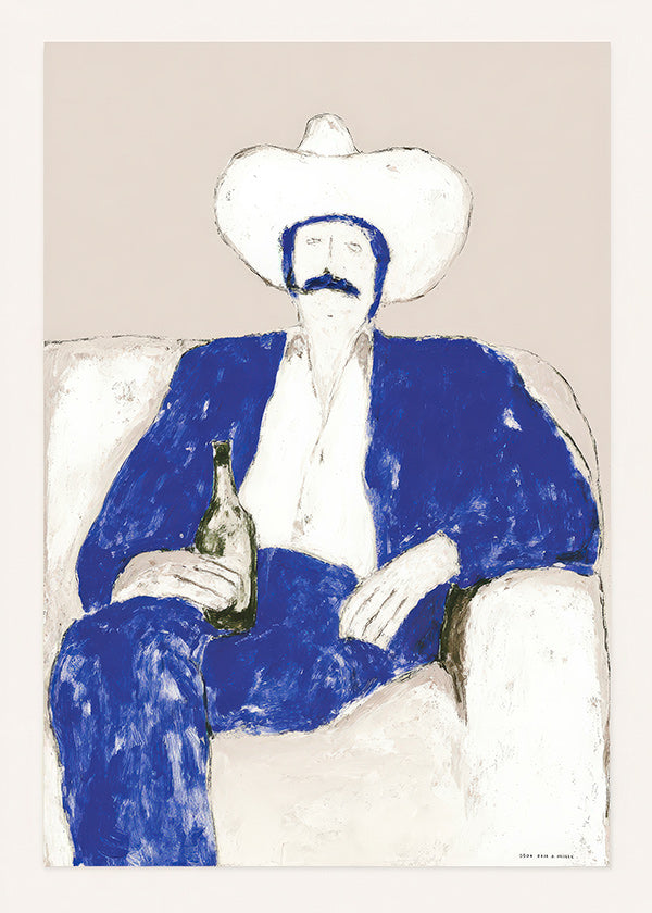 Ilustrace sedícího modrého kovboje