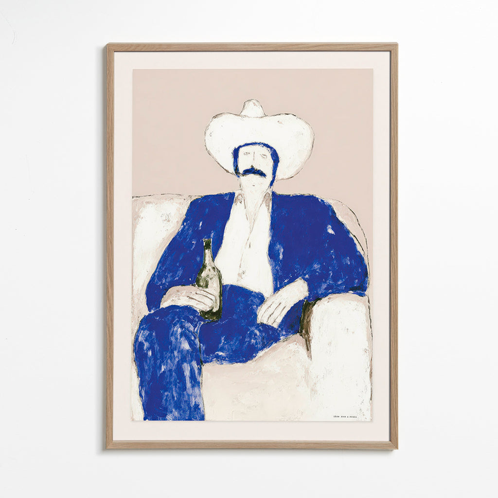 Ilustrace sedícího modrého kovboje