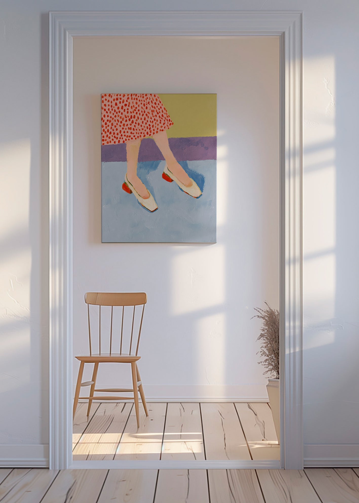 Ilustrace červené boty a vzorovaná sukně