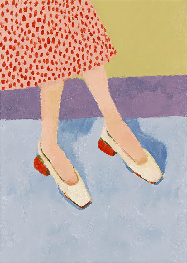 Ilustrace červené boty a vzorovaná sukně