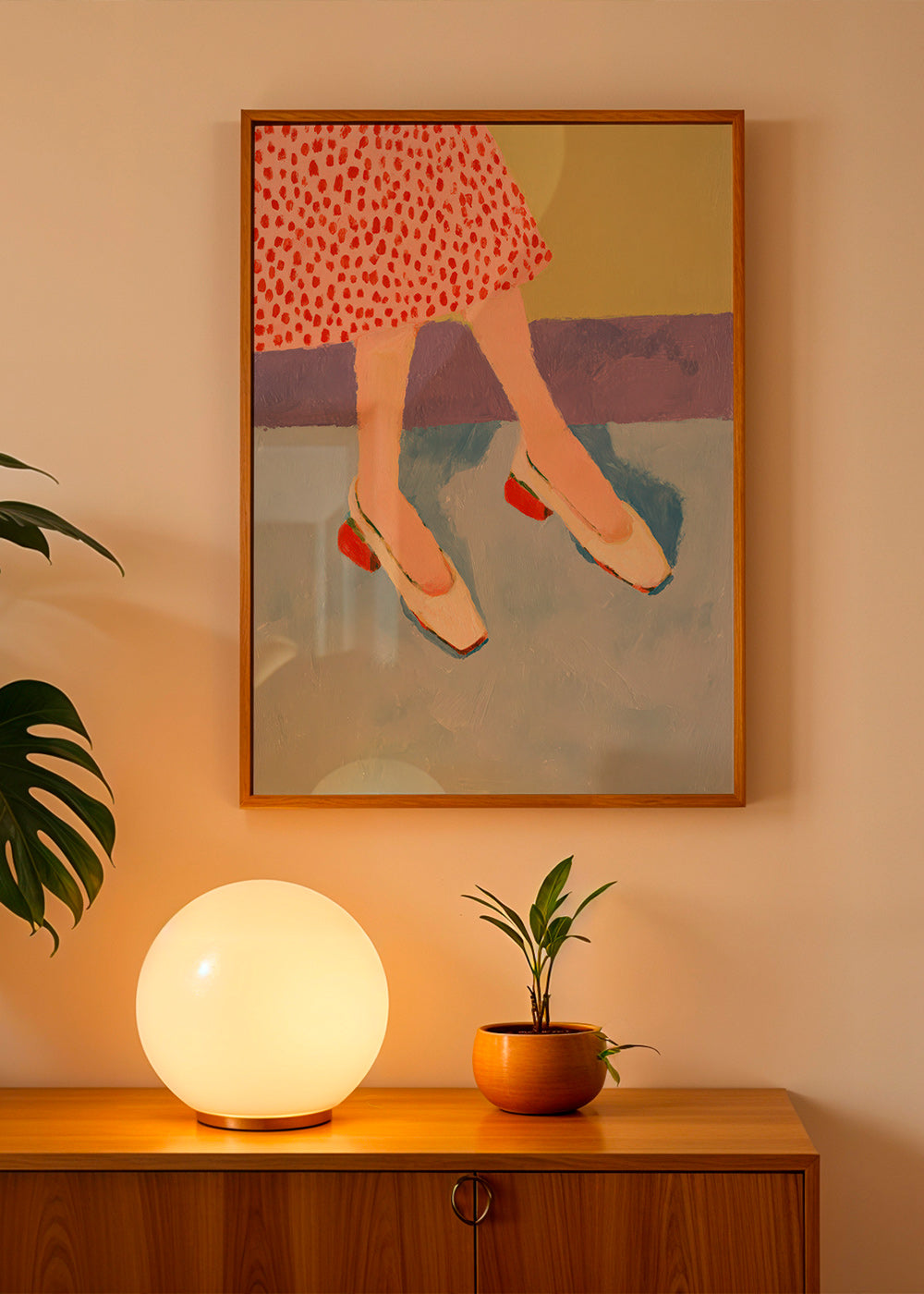 Ilustrace červené boty a vzorovaná sukně