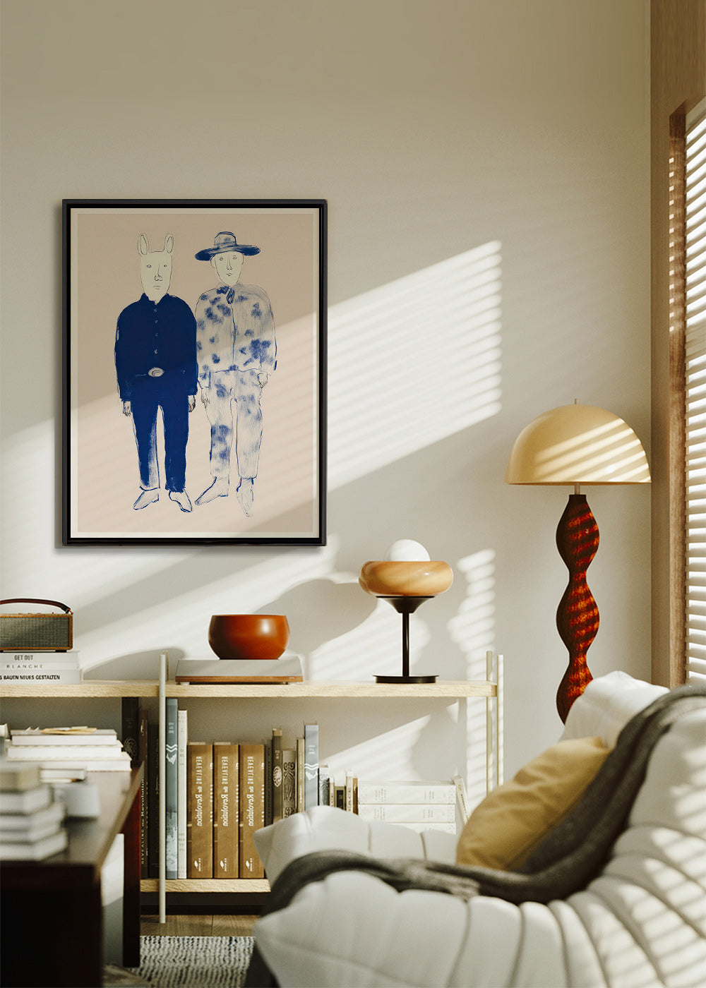 Ilustrace dvou postav s králíkem v modrém inkoustu