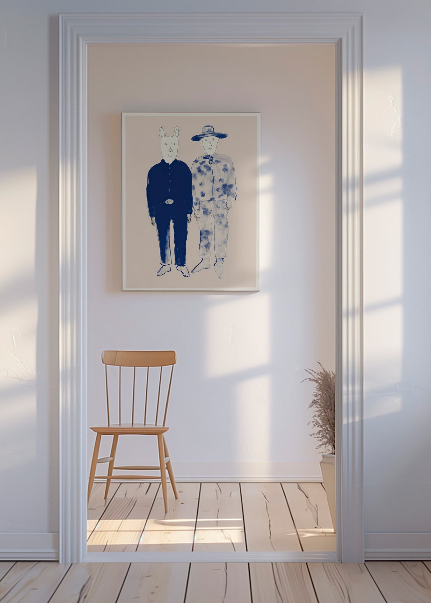 Ilustrace dvou postav s králíkem v modrém inkoustu