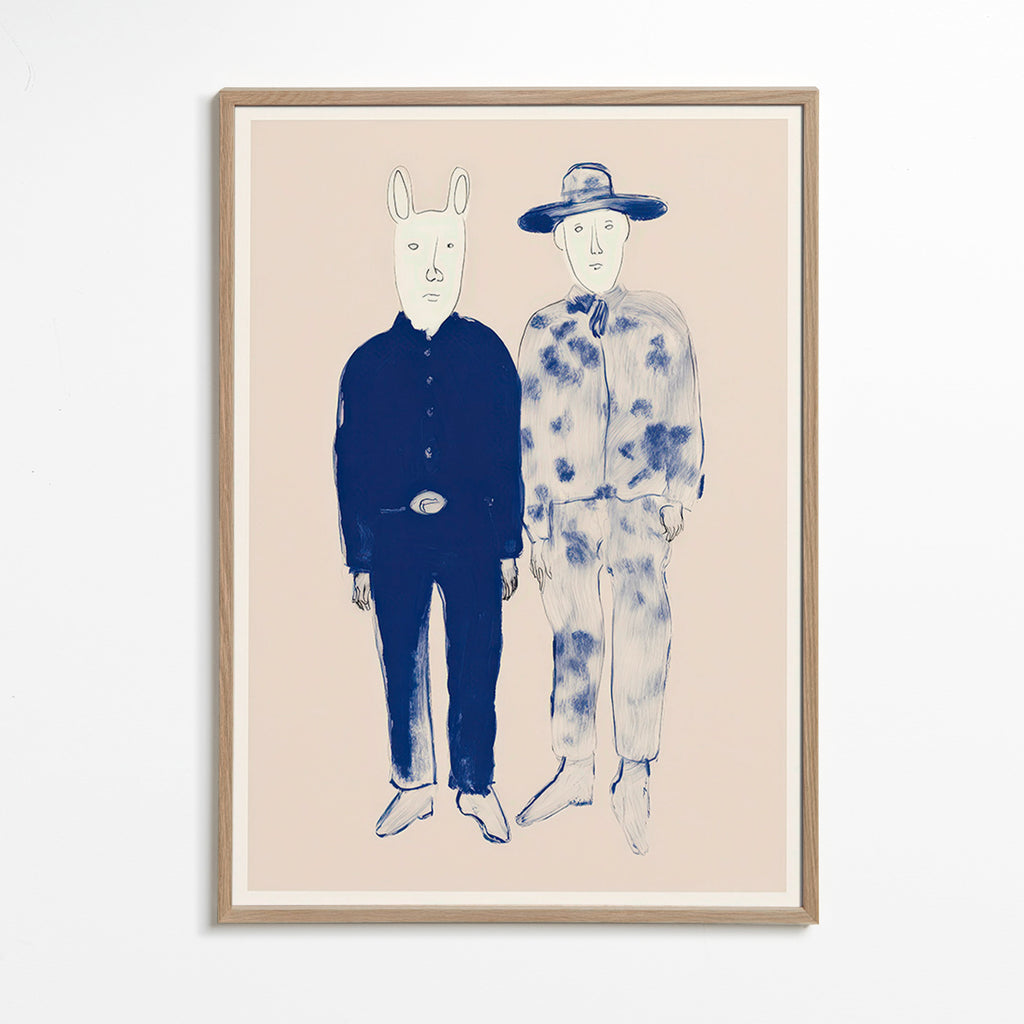 Ilustrace dvou postav s králíkem v modrém inkoustu