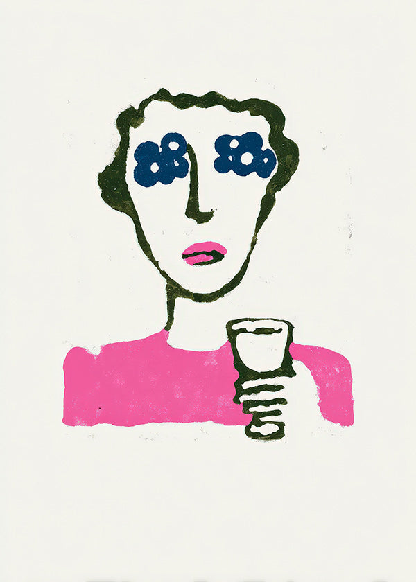 Ilustrace s kvetinovymi ocima a poharem