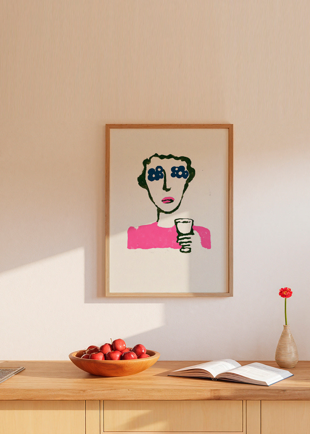 Ilustrace s kvetinovymi ocima a poharem