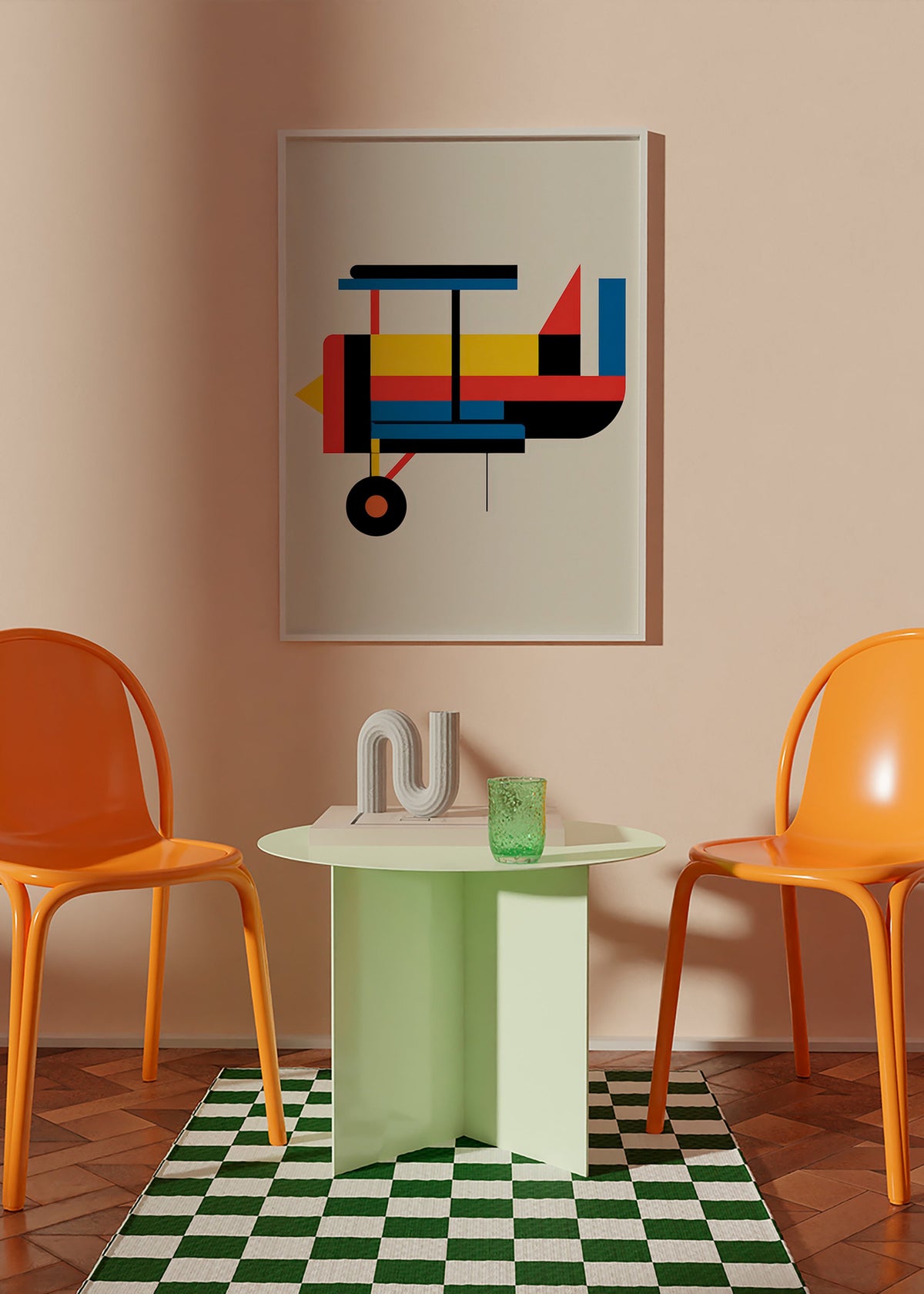 Geometrický plakát se stylizovaným biplanem