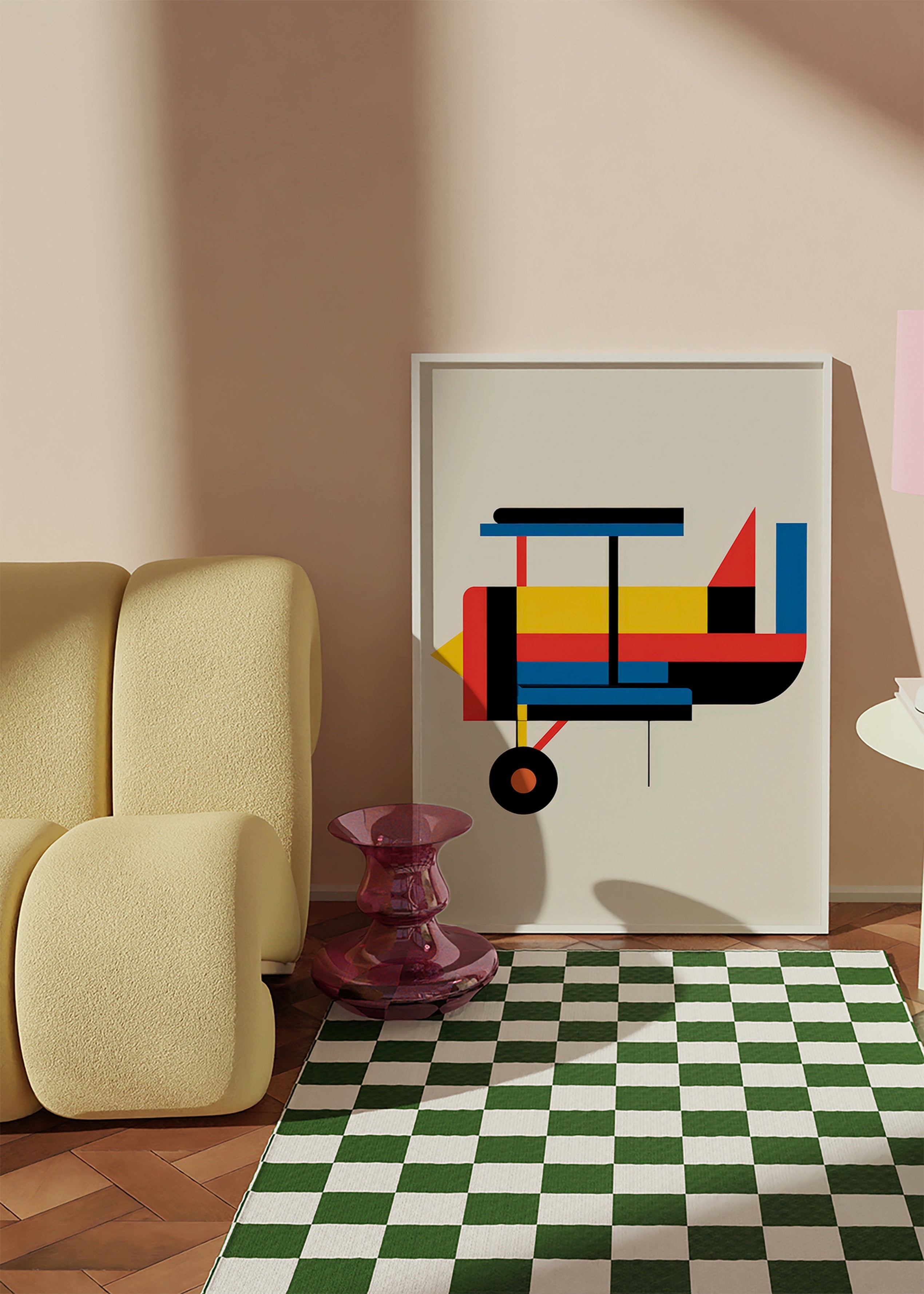 Geometrický plakát se stylizovaným biplanem