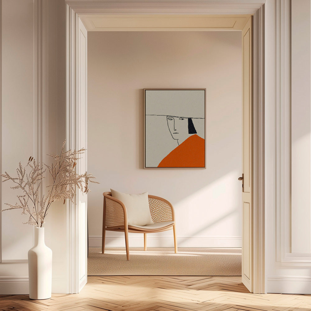 Minimalistická ilustrace s oranžovým pláštěm