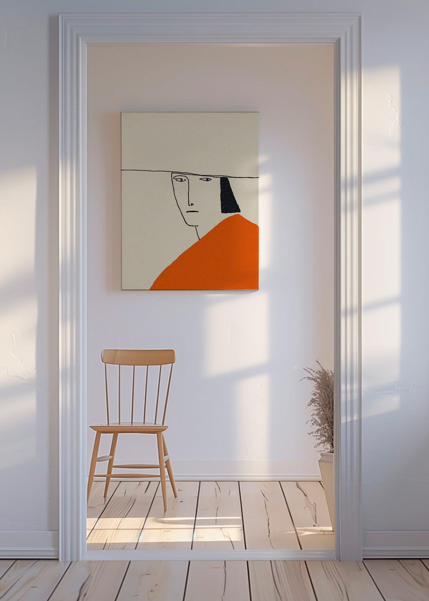 Minimalistická ilustrace s oranžovým pláštěm