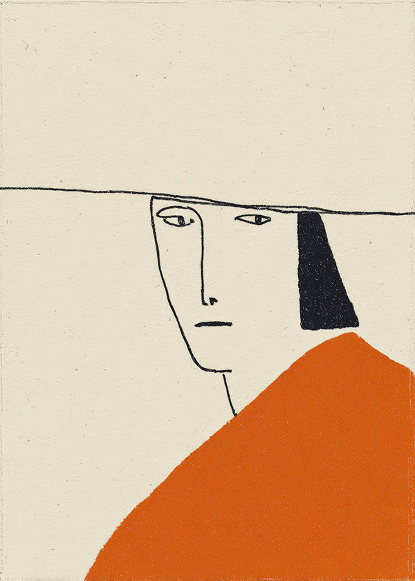 Minimalistická ilustrace s oranžovým pláštěm