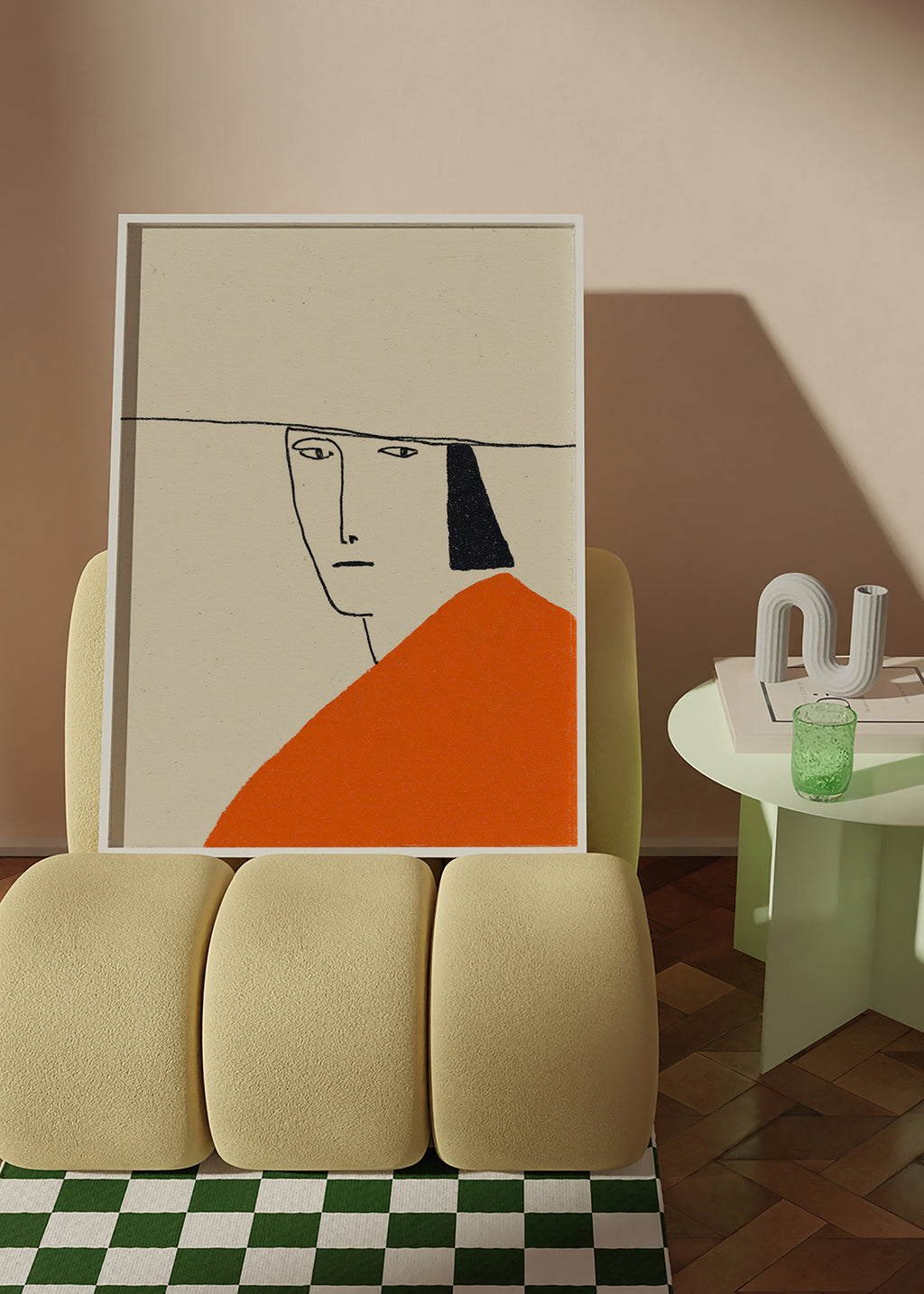 Minimalistická ilustrace s oranžovým pláštěm
