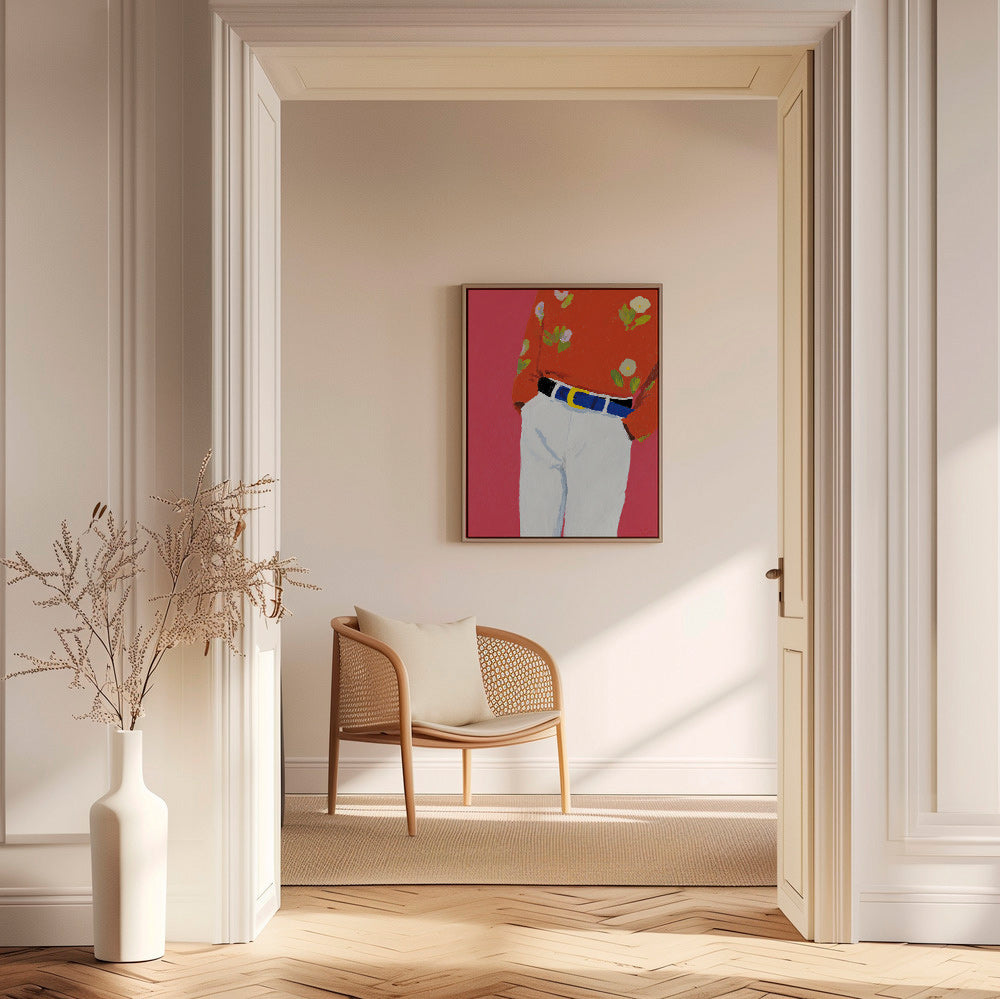 Ilustrace torza s květovanou košilí na růžovém pozadí