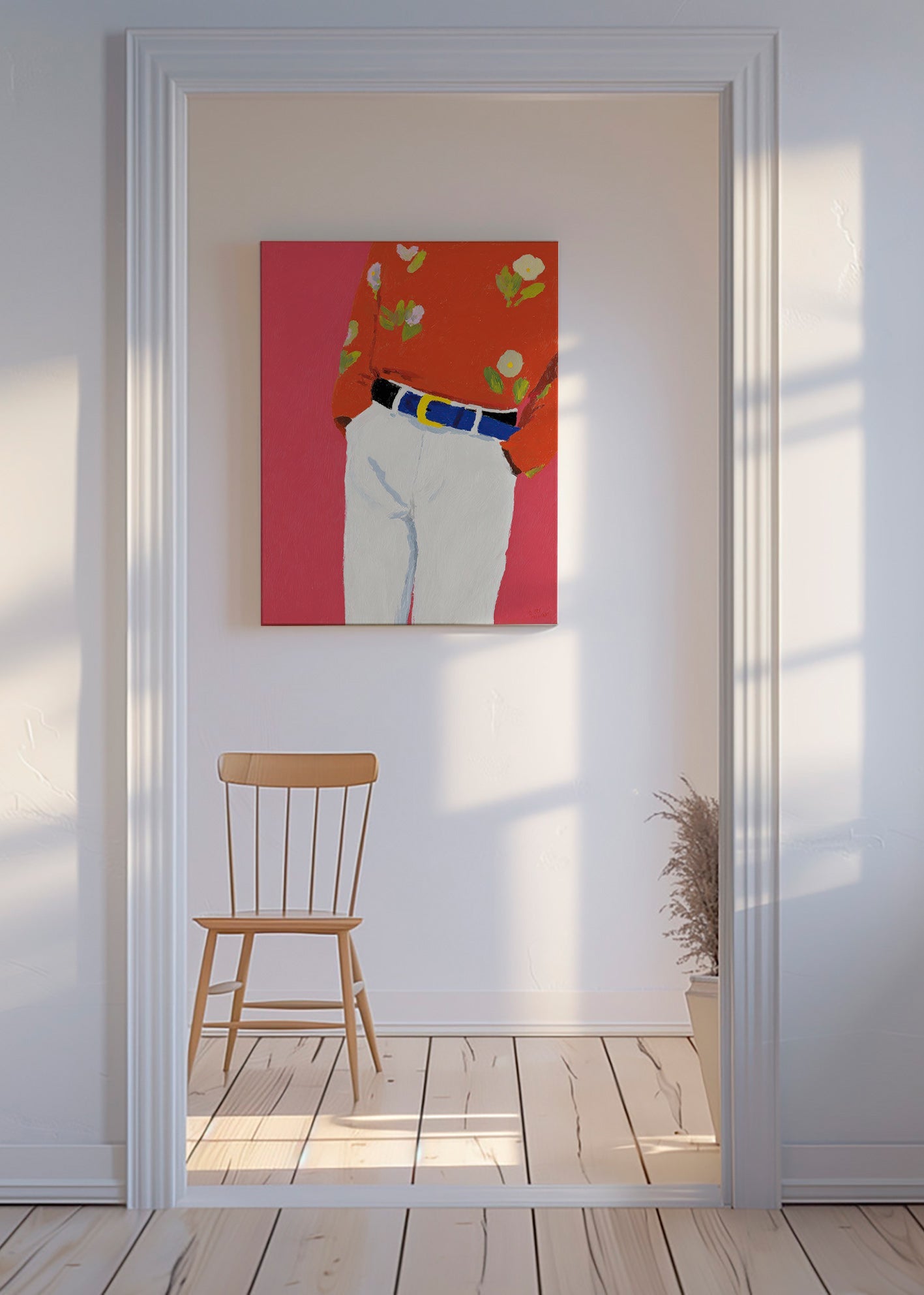 Ilustrace torza s květovanou košilí na růžovém pozadí