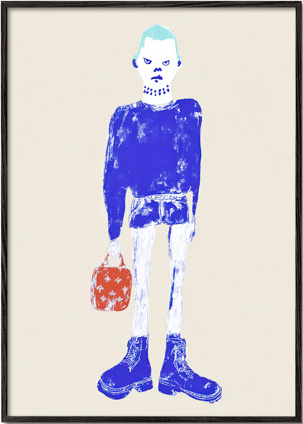 Ilustrace modré postavy s taškou
