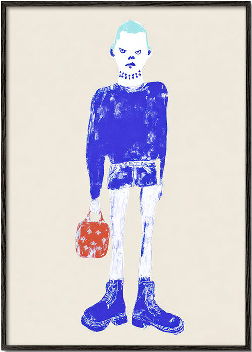 Ilustrace modré postavy s taškou