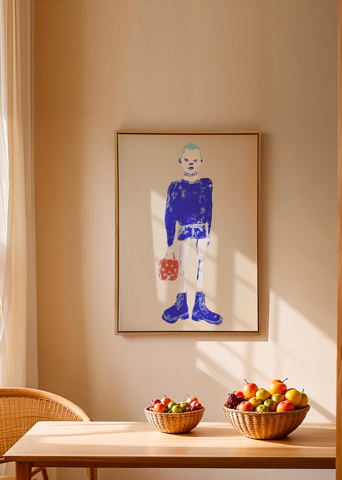 Ilustrace modré postavy s taškou