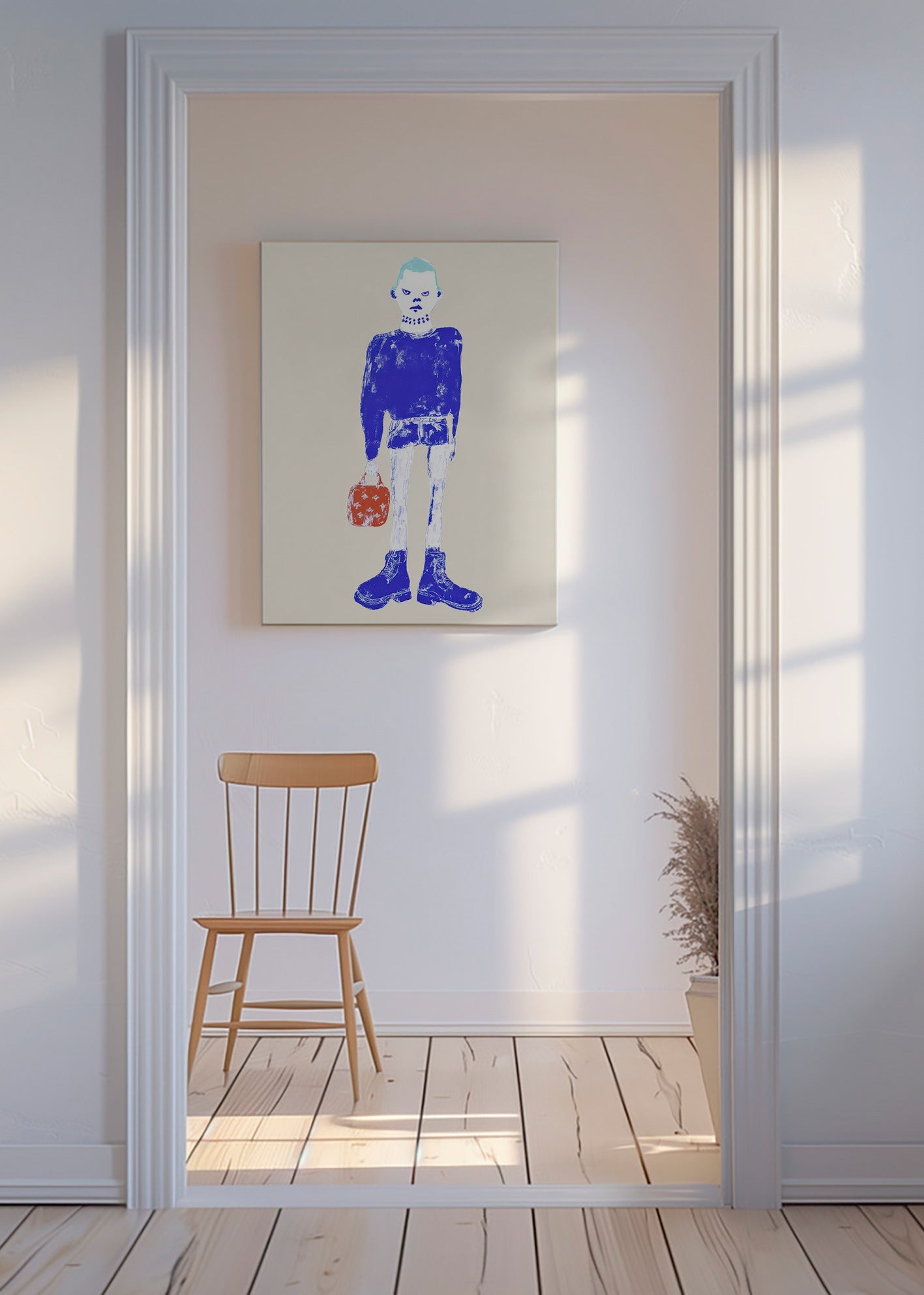 Ilustrace modré postavy s taškou