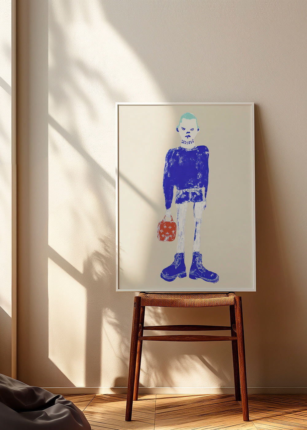 Ilustrace modré postavy s taškou