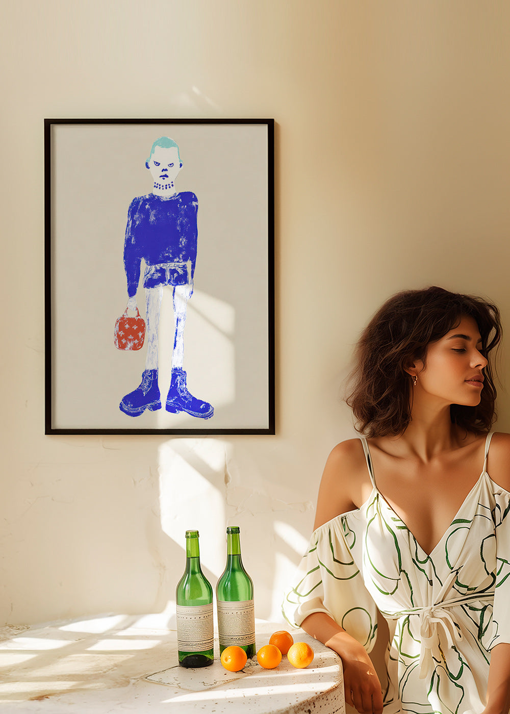 Ilustrace modré postavy s taškou