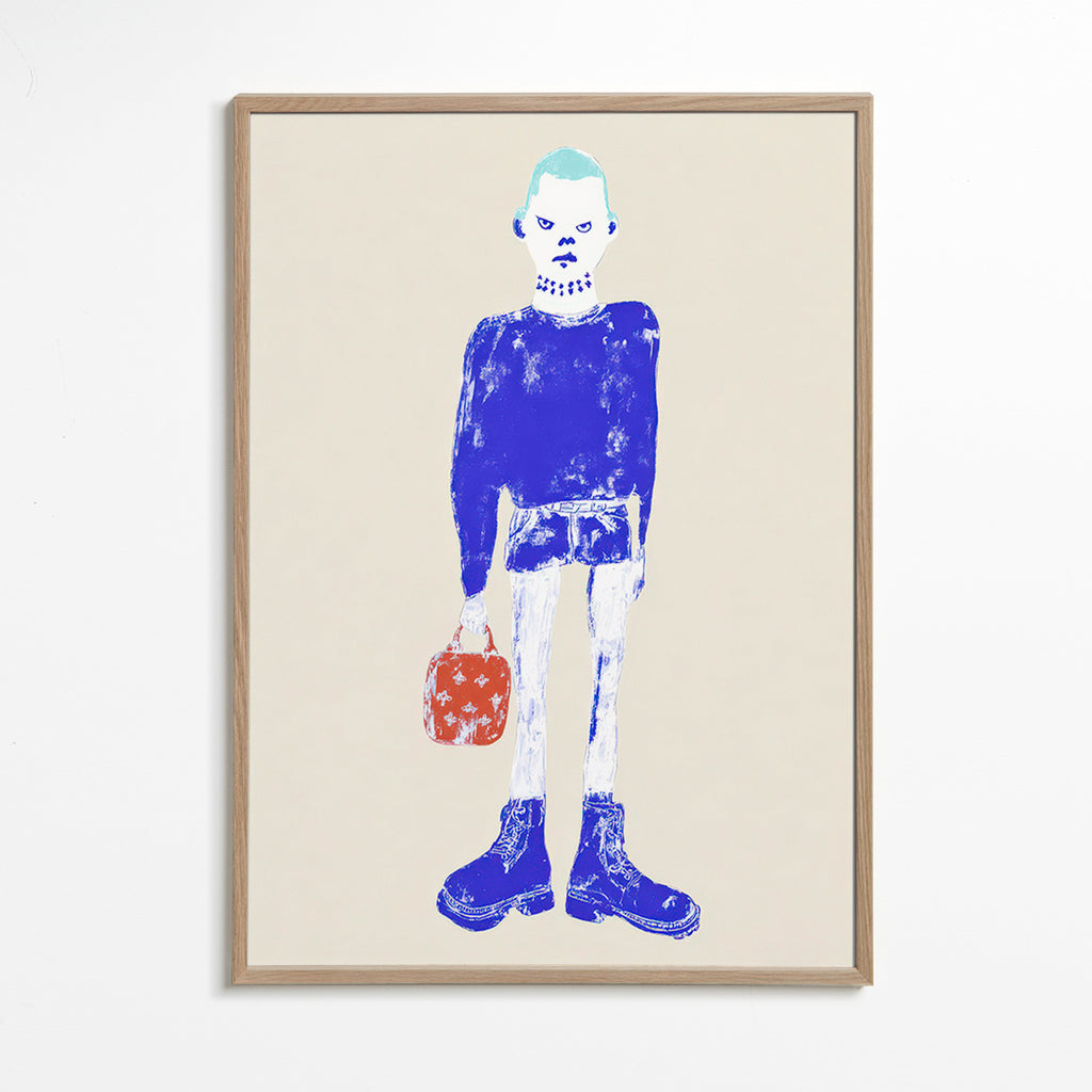 Ilustrace modré postavy s taškou