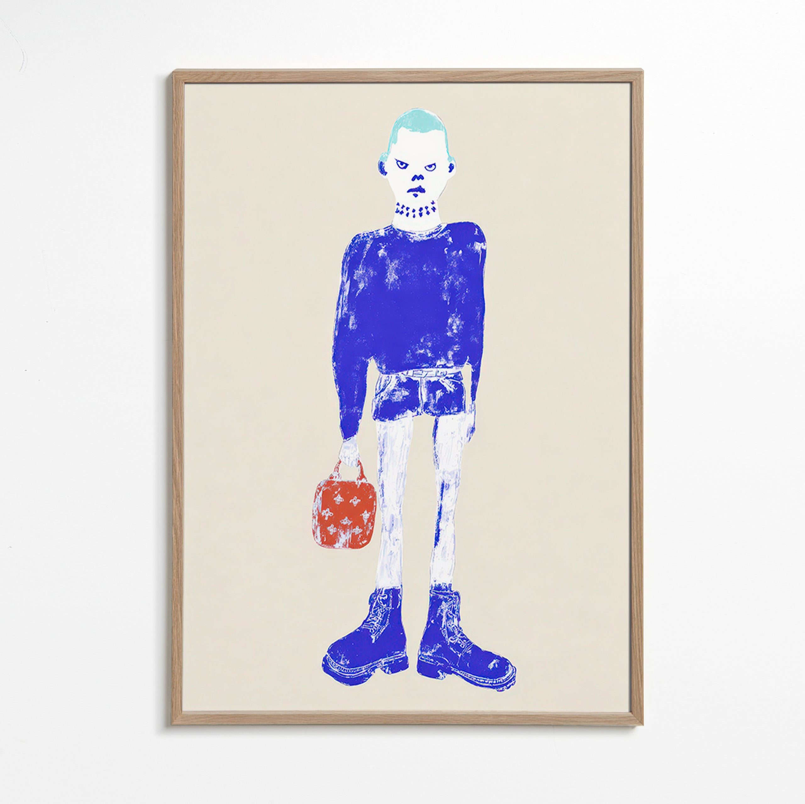 Ilustrace modré postavy s taškou