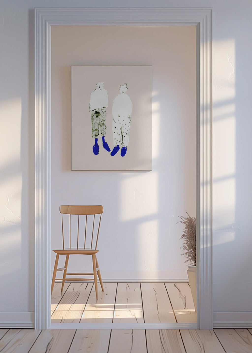 Minimalistická ilustrace páru s modrými botami